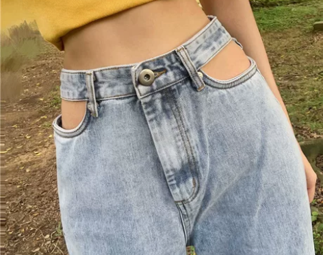 泫雅风牛仔裤拖地阔腿裤高腰镂空老爹裤潮2露...