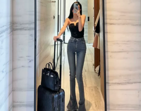 闭眼入显瘦显腿长水洗高腰牛仔马蹄裤  FB...