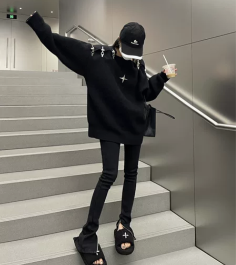拉链开叉高腰黑色牛仔裤女春夏薄款弹力修身微...