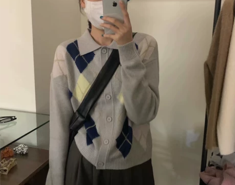 韩国代购 海盐蓝 复古学院 菱格纹拼色 P...