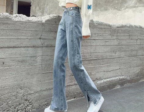 直筒开叉牛仔裤女薄款高腰显瘦宽松小个子阔腿...