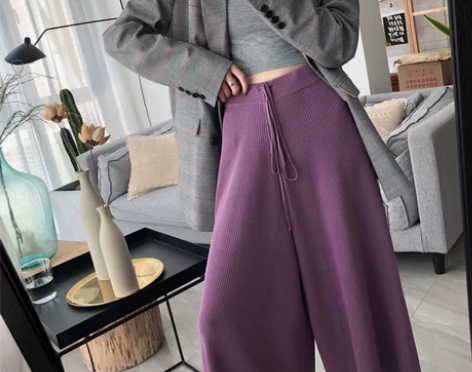【紫色高腰针织裤/阔腿裤】 质感非常棒的一...