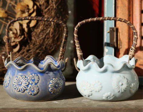 手提花盆陶瓷花盆手提花篮多肉盆2个16.8...