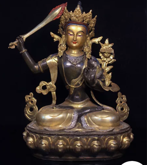 铜鎏金文殊菩萨佛像，工艺精美，包浆厚重，尺...