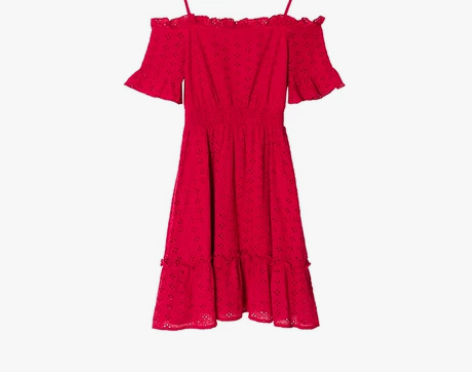 法国复古裙山本红色吊带裙子超仙露肩一字肩连...