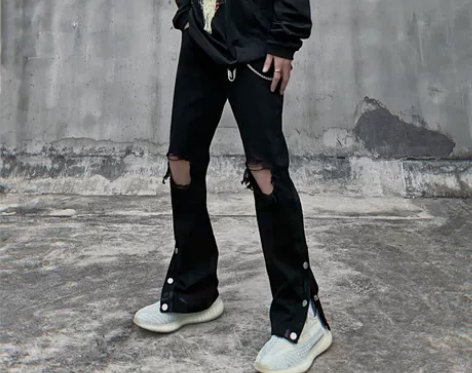 高街水洗膝盖破洞牛仔裤黑色排扣潮牌开叉修身...