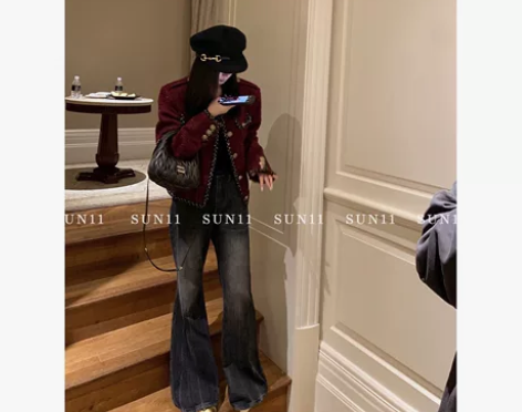 SUN11 黑灰色加绒牛仔裤女2022秋冬...