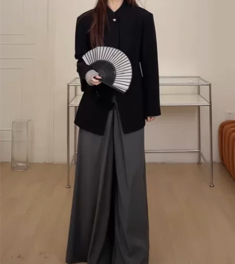 #新中式西装拖地女阔腿裤高级裙裤设计感中国...