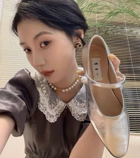 鹭青一 亮银玛丽珍鞋2022夏季新款女百搭...