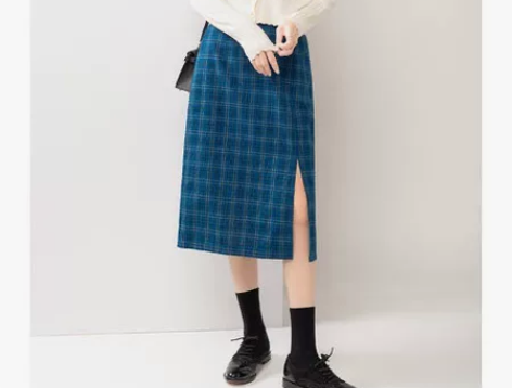 高腰蓝色格子裙半身裙女夏中长款开叉包臀裙长...