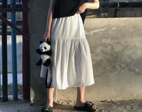 kumayes 韩版松紧腰A字裙纯色中长裙...