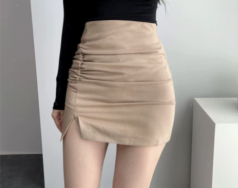 卡其色半身裙2021新款褶皱开衩包臀裙弹力...