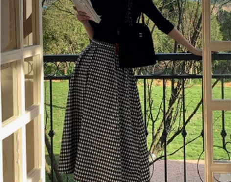 赫本风复古高腰伞裙女春秋法式优雅千鸟格半身...