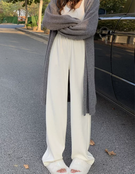 白色雪尼尔阔腿裤女秋冬季加绒新款高腰垂感直...