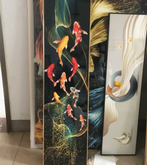 高档精瓷画,手工镶钻,九鱼聚财,轻奢现代简...