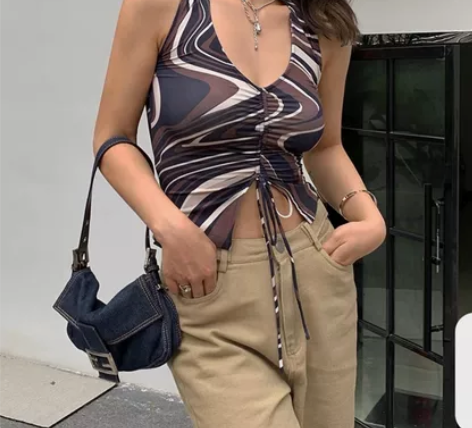 yuuue辣妹复古印花背心女抽绳褶皱紧身短...