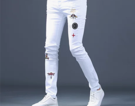 刺绣白色牛仔裤男士小脚韩版潮流修身弹力休闲...