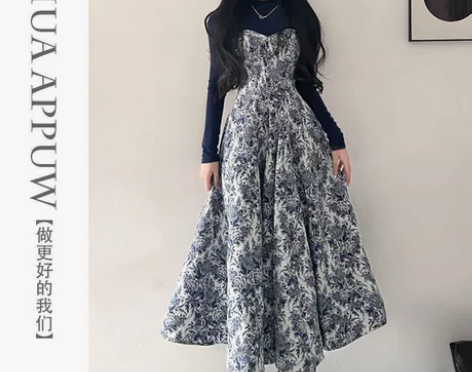画朴法式青花瓷印花拼接收腰显瘦连衣裙女装2...
