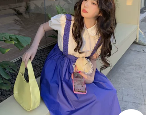 蓝色背带裙女夏季森系温柔风连衣裙2022新...