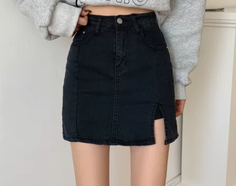 黑色牛仔半身裙女2021年春季新款高腰紧身...
