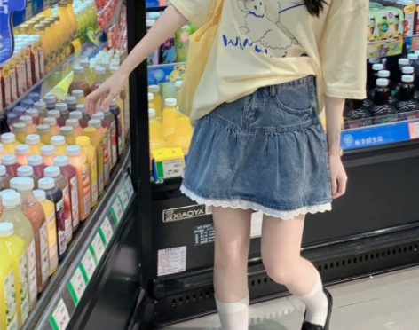 翻斗花园原创半身裙荷叶花边宽松学生高腰牛仔...