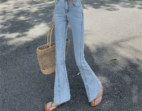 喇叭裤牛仔裤女夏季薄款港风复古高腰紧身显瘦...