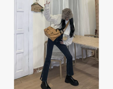 松本丧丧 复古牛仔微喇裤女高腰2021冬季...