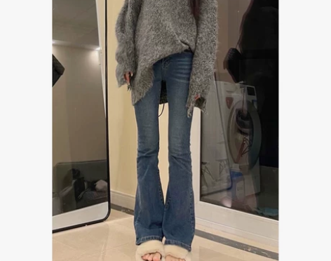 蓝色微喇叭牛仔裤女春秋高腰复古百搭弹力修身...
