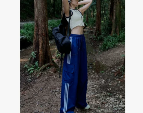 复古经典三道杠白边露营运动裤女春秋机能口袋...