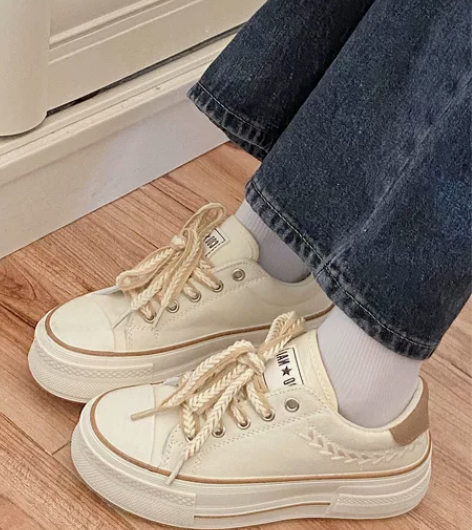 玖泽帆布鞋刺绣松糕麦穗休闲增高厚底小白鞋 ...