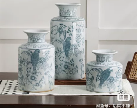 鹦鹉花卉纹青花瓷花瓶陶瓷国风新中式水养客厅...