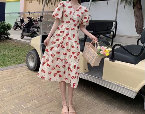 IVY小红花绑带连衣裙女夏季复古港风短袖碎...