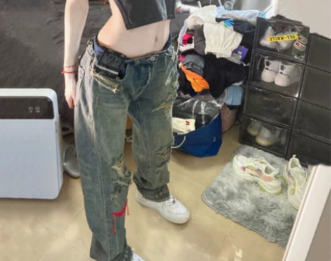 【狂欢价】破洞牛仔裤子女夏季薄款ing国潮...