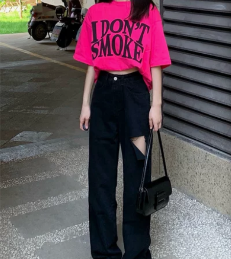 夏季薄款破洞黑色牛仔裤女宽松高腰直筒阔腿裤...