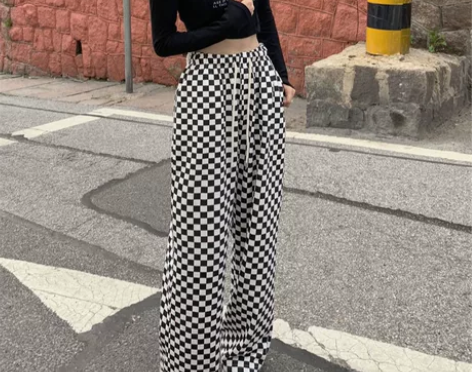 春秋黑白棋盘格子阔腿长裤女绿色高腰运动宽松...