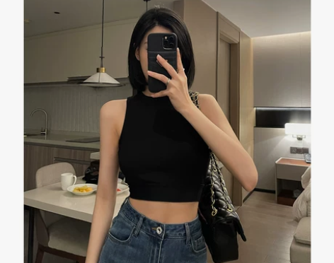 YH77 黑色紧身针织背心女早秋新款短款百...