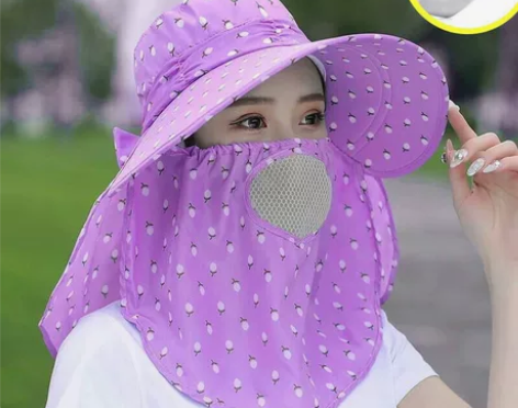 防晒帽子女夏季面罩遮脸太阳帽大沿百搭凉帽紫...