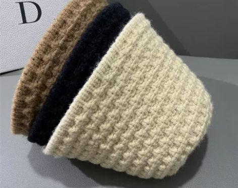 棒针水桶帽女韩版潮秋冬纯色百搭甜美毛线针织...