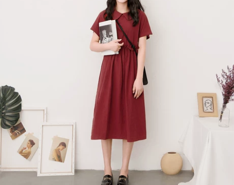 SERTEND浆果红娃娃裙少女桔梗裙收腰娃...