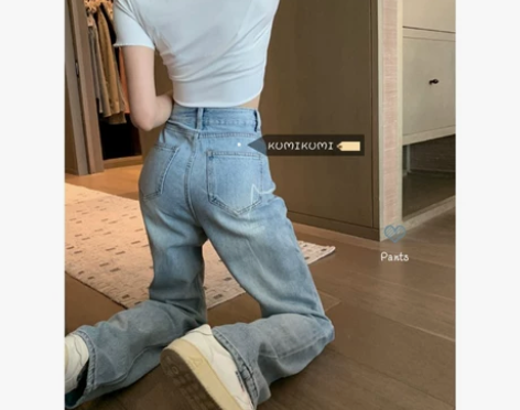 水洗蓝色牛仔裤女秋冬季高腰直筒裤宽松显瘦阔...