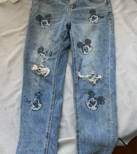 牛仔破洞长裤女图案迪士尼米老鼠 设计感 碎...