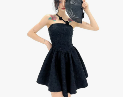 鬼姐姐 氛围感提花挂脖小黑裙小众高级抹胸连...