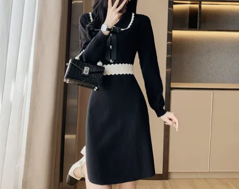 名媛赫本风小黑裙女秋冬季新品韩版女装长袖腰...
