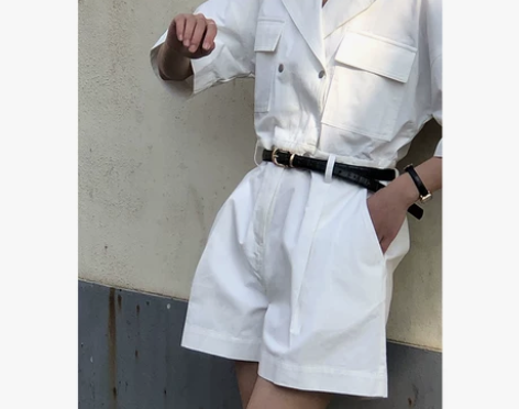 无拘2023年原创设计纯色显瘦高腰短袖阔腿...