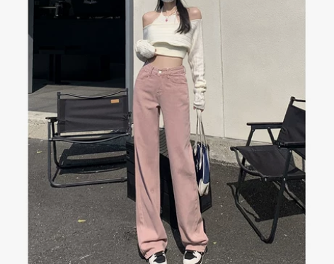 温姗美式复古脏粉色直筒高腰牛仔裤女秋冬百搭...