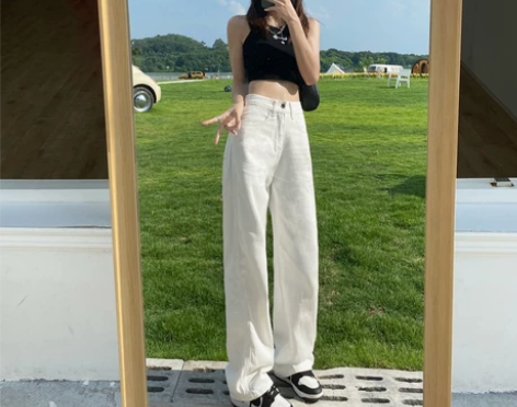阔腿加绒牛仔裤女白色2022年秋季新款直筒...