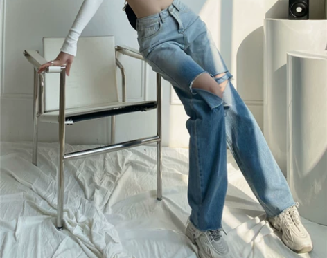 加长版渐变蓝破洞牛仔裤女夏阔腿高腰直筒宽松...