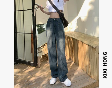 复古高腰牛仔裤女2022新款宽松显瘦垂感拖...