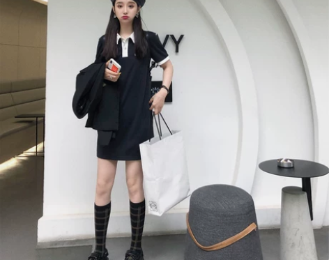 ?99twins夏修身翻领学生裙子 藏青色...