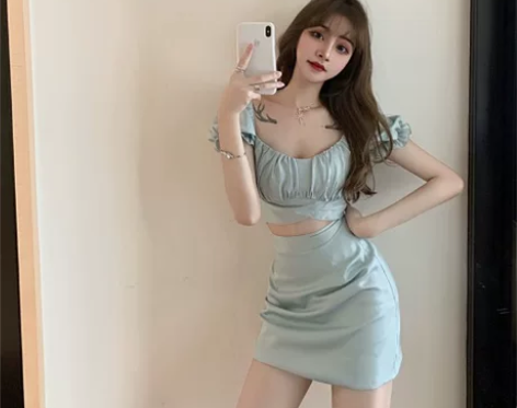 法式丝绸套装女装夏新款短款泡泡袖上衣包臀半...